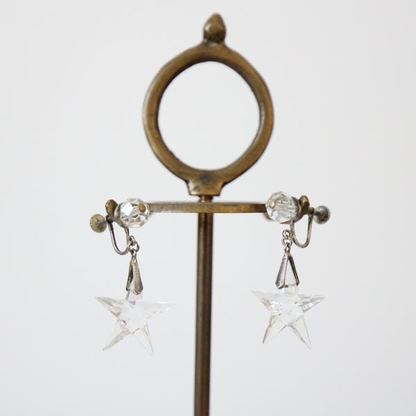 "Glass Stars" Vintage 1950's Sterling Silver & Glass Star Droplet Screw Back Earrings