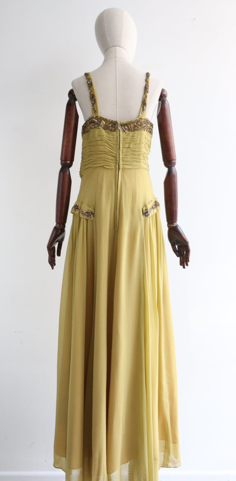 "Chartreuse Pleats" Vintage 1940's Chartreuse Silk Chiffon & Beaded Evening Dress UK 12 US 8