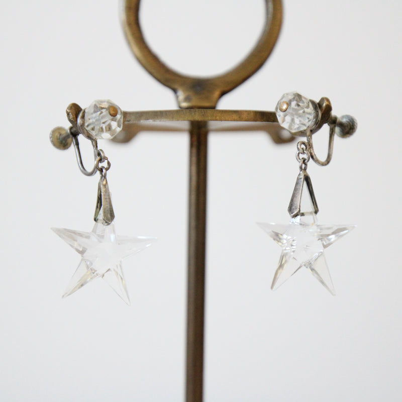 "Glass Stars" Vintage 1950's Sterling Silver & Glass Star Droplet Screw Back Earrings