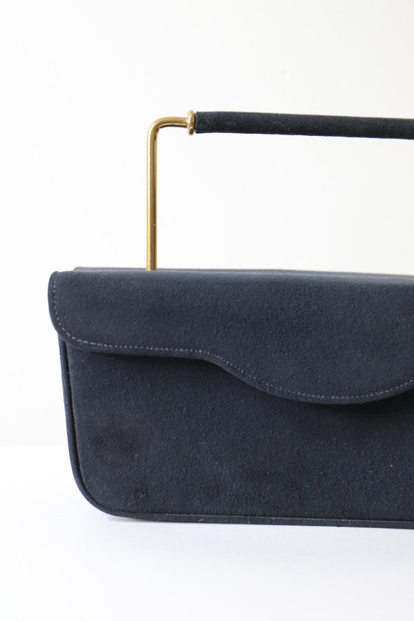 "Scalloped Navy Suede" Vintage 1950's Navy Blue Suede Box Bag