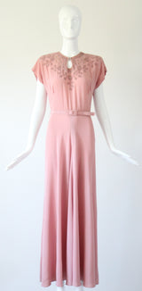"Pearl & Rhinestone Florals" Vintage 1940's Pearl & Rhinestone Floral Soutache Silk Dress UK 8 US 4