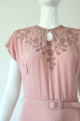 "Pearl & Rhinestone Florals" Vintage 1940's Pearl & Rhinestone Floral Soutache Silk Dress UK 8 US 4