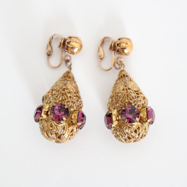 "Filigrée Rhinestones" Vintage 1930's Filigree Droplet & Rhinestone Clip on Earrings