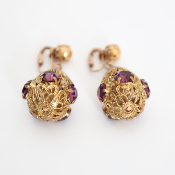 "Filigrée Rhinestones" Vintage 1930's Filigree Droplet & Rhinestone Clip on Earrings