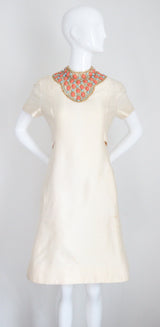 "Turquoise & Coral" Vintage 1960's Cream Shantung Silk Beaded Dress UK 12 US 8