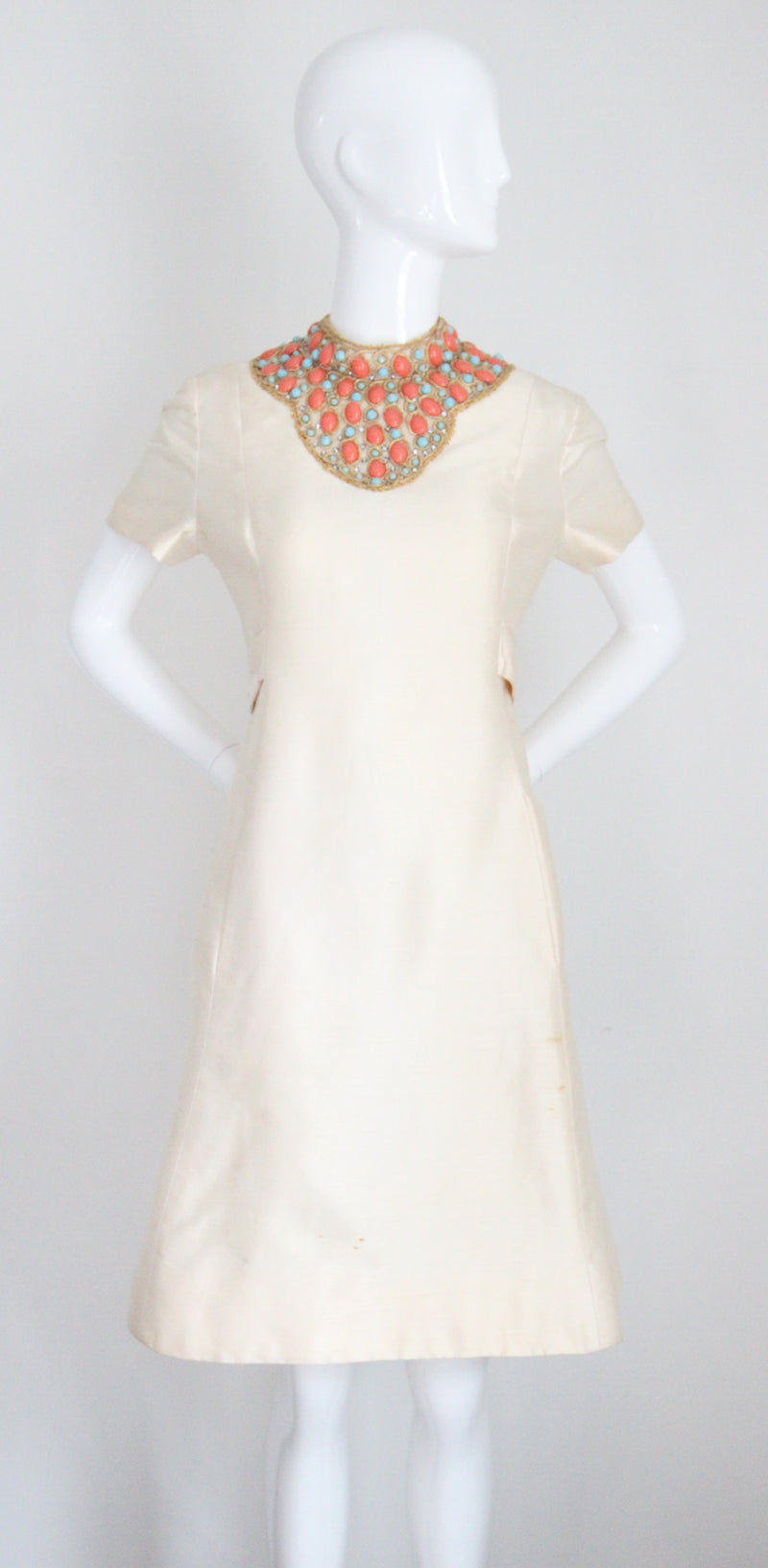 "Turquoise & Coral" Vintage 1960's Cream Shantung Silk Beaded Dress UK 12 US 8