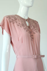 "Pearl & Rhinestone Florals" Vintage 1940's Pearl & Rhinestone Floral Soutache Silk Dress UK 8 US 4