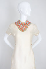 "Turquoise & Coral" Vintage 1960's Cream Shantung Silk Beaded Dress UK 12 US 8
