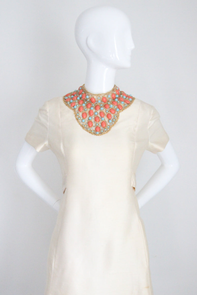 "Turquoise & Coral" Vintage 1960's Cream Shantung Silk Beaded Dress UK 12 US 8