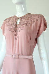 "Pearl & Rhinestone Florals" Vintage 1940's Pearl & Rhinestone Floral Soutache Silk Dress UK 8 US 4