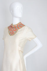 "Turquoise & Coral" Vintage 1960's Cream Shantung Silk Beaded Dress UK 12 US 8