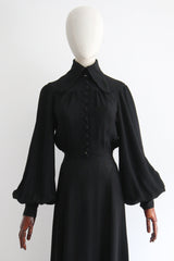"Ossie Clark" Vintage 1970's Black Moss Crepe Ossie Clark Dress UK 12 US 8