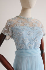 "Pearls, Lace & Pleats" Vintage 1960's Chiffon and Lace Pleated Dress UK 12 US 8