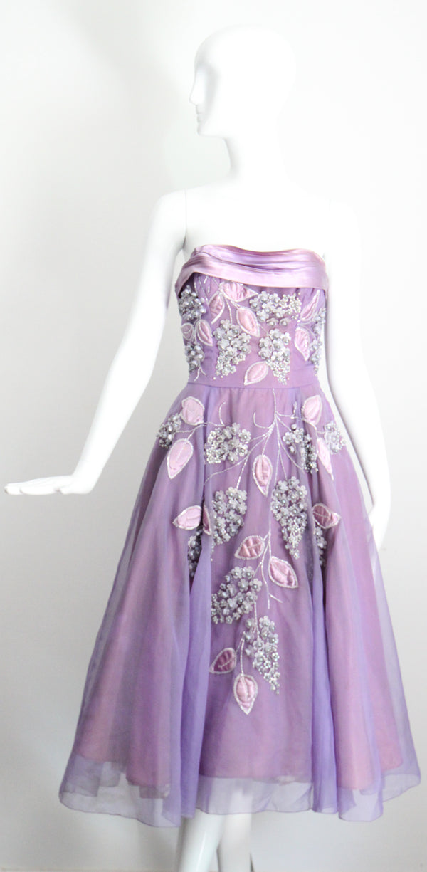 "Beaded Lilacs" Vintage 1950's Beaded Lilac Dress & Jacket UK 8 US 4