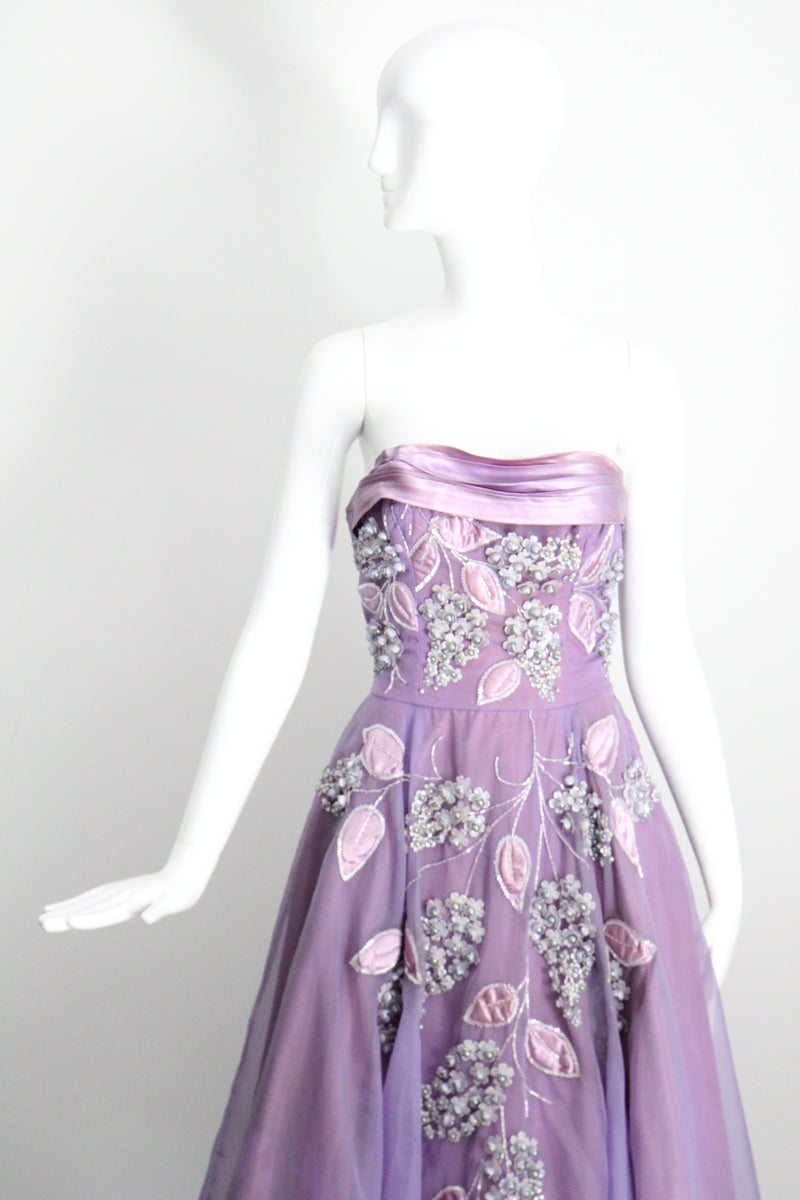 "Beaded Lilacs" Vintage 1950's Beaded Lilac Dress & Jacket UK 8 US 4