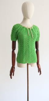 "Lawn Green Knit" Vintage 1940's Lawn Green Hand Knitted Blouse UK 10 US 6