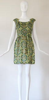 "Peacock Palette" Vintage 1960's Pat Sandler Paisley Silk Brocade Beaded Cocktail Dress UK 6 US 2