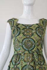 "Peacock Palette" Vintage 1960's Pat Sandler Paisley Silk Brocade Beaded Cocktail Dress UK 6 US 2