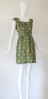 "Peacock Palette" Vintage 1960's Pat Sandler Paisley Silk Brocade Beaded Cocktail Dress UK 6 US 2