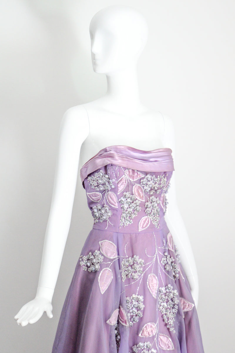 "Beaded Lilacs" Vintage 1950's Beaded Lilac Dress & Jacket UK 8 US 4