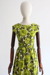 "Green Roses" Vintage 1950's Green Silk Rose Print Dress UK 10 US 6