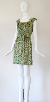 "Peacock Palette" Vintage 1960's Pat Sandler Paisley Silk Brocade Beaded Cocktail Dress UK 6 US 2