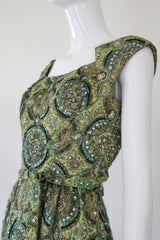 "Peacock Palette" Vintage 1960's Pat Sandler Paisley Silk Brocade Beaded Cocktail Dress UK 6 US 2