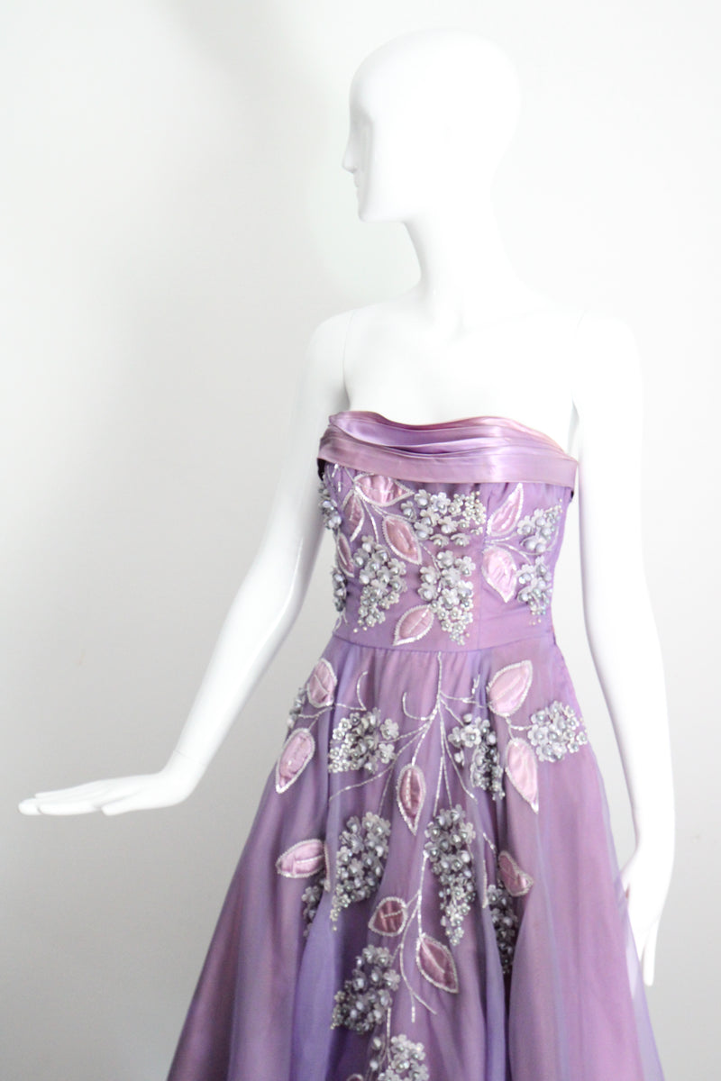 "Beaded Lilacs" Vintage 1950's Beaded Lilac Dress & Jacket UK 8 US 4