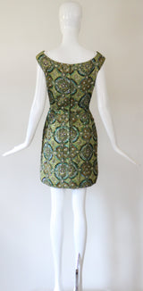 "Peacock Palette" Vintage 1960's Pat Sandler Paisley Silk Brocade Beaded Cocktail Dress UK 6 US 2