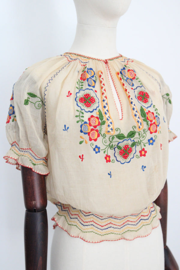 "Hungarian Floral Embroidery" Vintage 1930's Hungarian Floral Cotton Embroidered Peasant Blouse UK 12 US 8