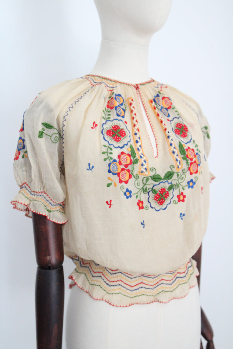 "Hungarian Floral Embroidery" Vintage 1930's Hungarian Floral Cotton Embroidered Peasant Blouse UK 12 US 8