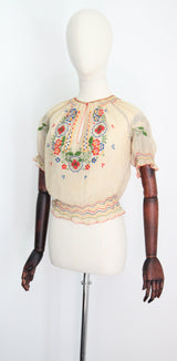 "Hungarian Floral Embroidery" Vintage 1930's Hungarian Floral Cotton Embroidered Peasant Blouse UK 12 US 8