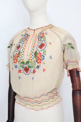 "Hungarian Floral Embroidery" Vintage 1930's Hungarian Floral Cotton Embroidered Peasant Blouse UK 12 US 8