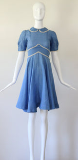"Embroidered Polkadots" Vintage 1940's French Blue Polkadot Day Dress UK 4 US 0