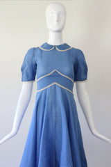 "Embroidered Polkadots" Vintage 1940's French Blue Polkadot Day Dress UK 4 US 0