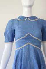 "Embroidered Polkadots" Vintage 1940's French Blue Polkadot Day Dress UK 4 US 0