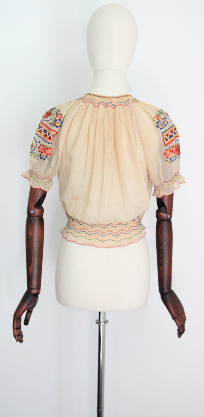 "Hungarian Floral Embroidery" Vintage 1930's Hungarian Floral Cotton Embroidered Peasant Blouse UK 12 US 8