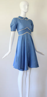 "Embroidered Polkadots" Vintage 1940's French Blue Polkadot Day Dress UK 4 US 0