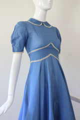 "Embroidered Polkadots" Vintage 1940's French Blue Polkadot Day Dress UK 4 US 0