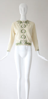 "Trailing Iridescent Florals" Vintage 1950's Cream Wool Embroidered and Beaded Cardigan UK 10 US 6