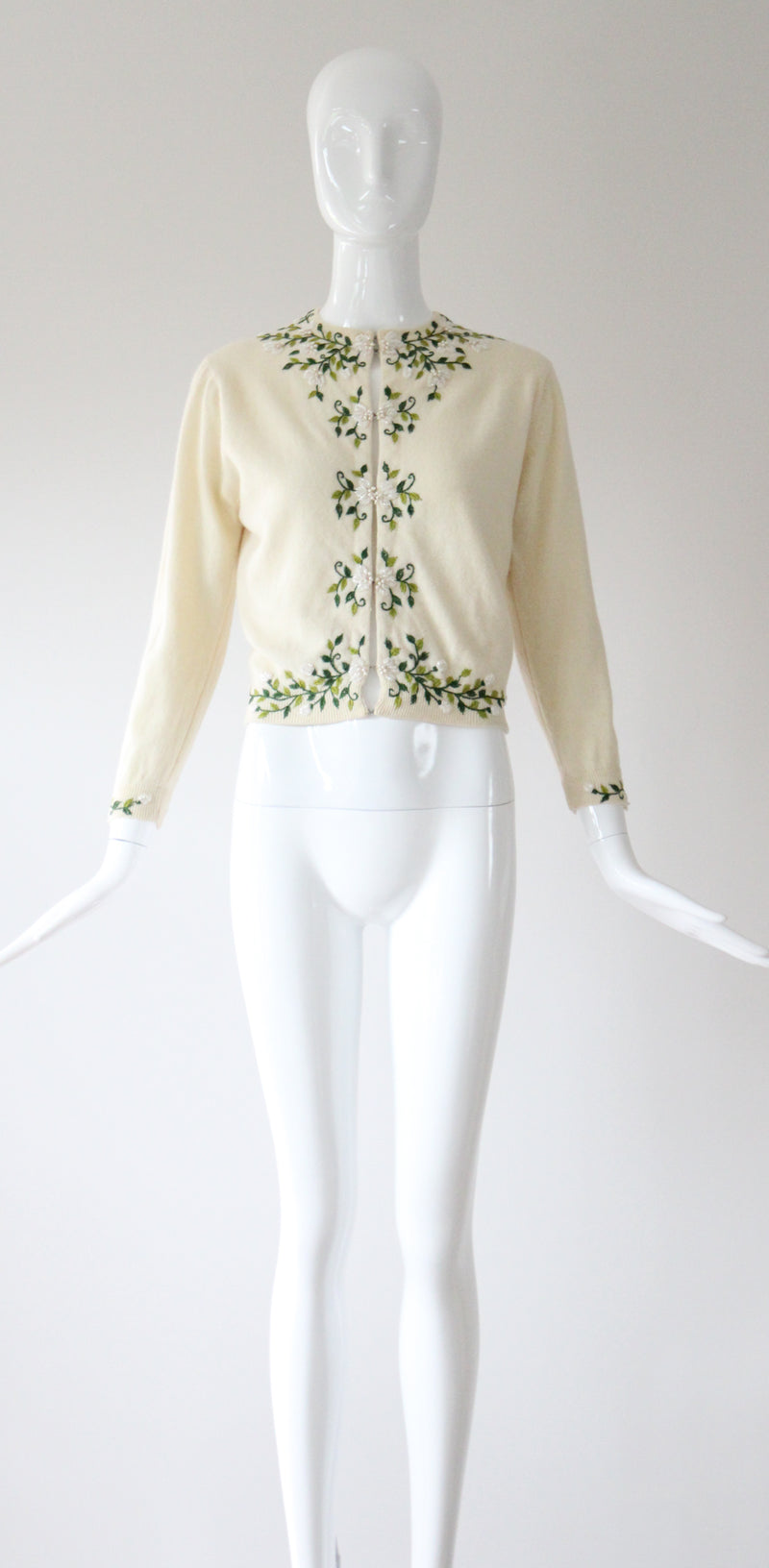 "Trailing Iridescent Florals" Vintage 1950's Cream Wool Embroidered and Beaded Cardigan UK 10 US 6