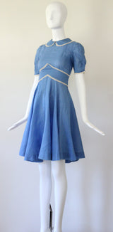"Embroidered Polkadots" Vintage 1940's French Blue Polkadot Day Dress UK 4 US 0