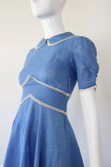 "Embroidered Polkadots" Vintage 1940's French Blue Polkadot Day Dress UK 4 US 0
