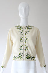 "Trailing Iridescent Florals" Vintage 1950's Cream Wool Embroidered and Beaded Cardigan UK 10 US 6