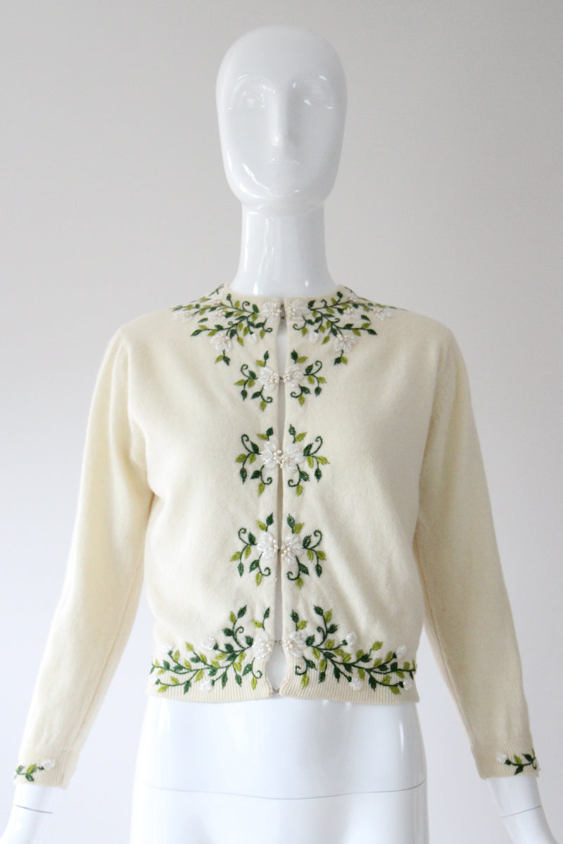 "Trailing Iridescent Florals" Vintage 1950's Cream Wool Embroidered and Beaded Cardigan UK 10 US 6