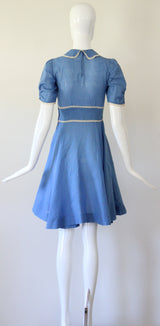 "Embroidered Polkadots" Vintage 1940's French Blue Polkadot Day Dress UK 4 US 0