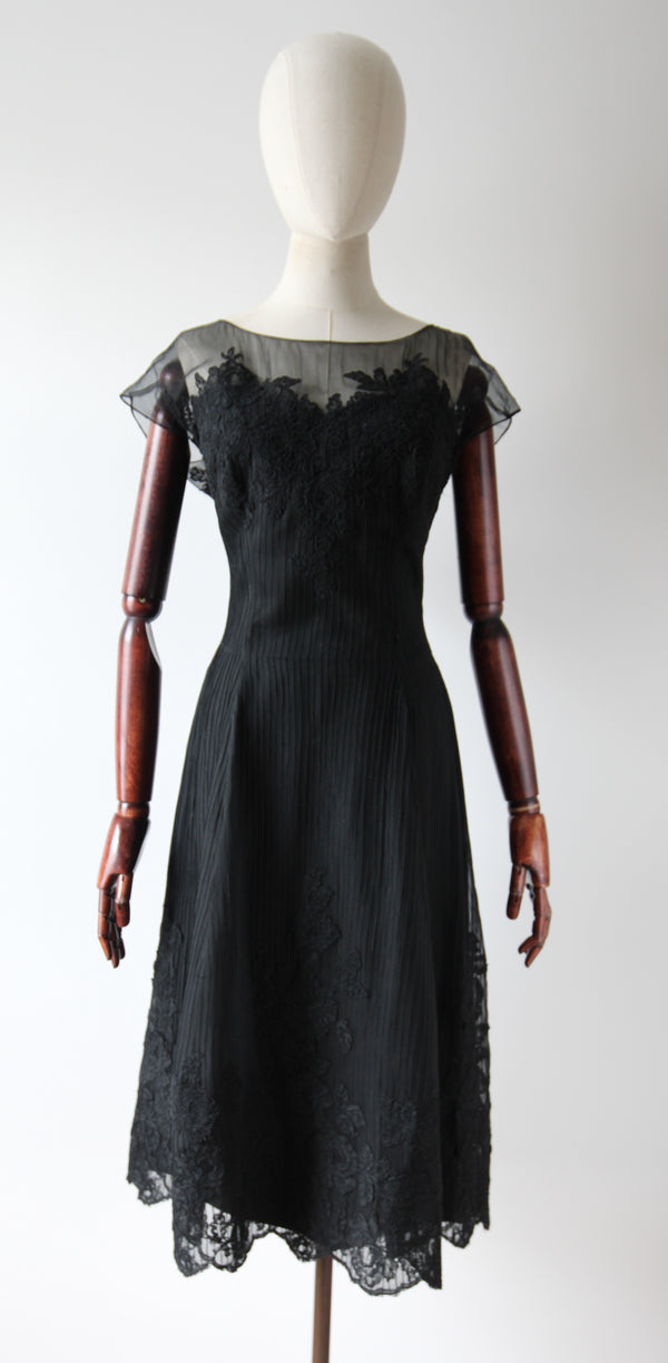 "Black Chiffon & Chantilly Lace" Vintage 1950's Black Silk Chiffon & Chantilly Lace Couture Dress UK 12 US 8