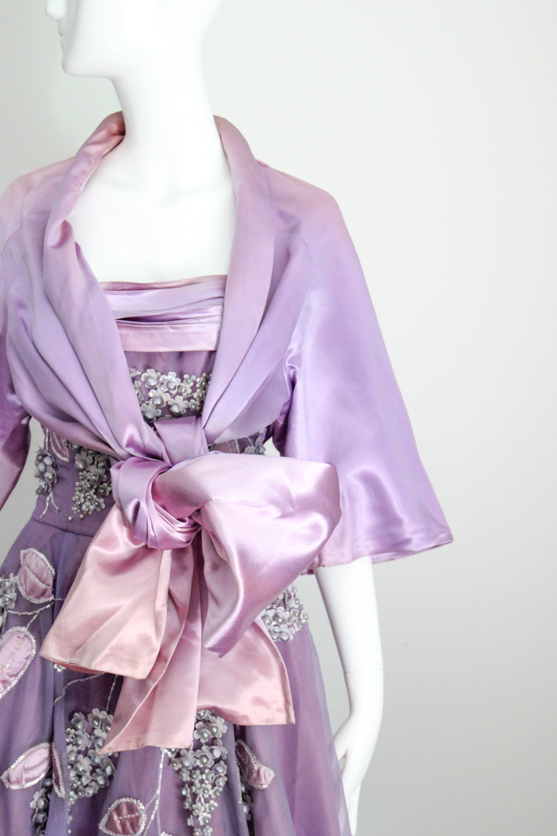 "Beaded Lilacs" Vintage 1950's Beaded Lilac Dress & Jacket UK 8 US 4