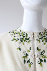 "Trailing Iridescent Florals" Vintage 1950's Cream Wool Embroidered and Beaded Cardigan UK 10 US 6