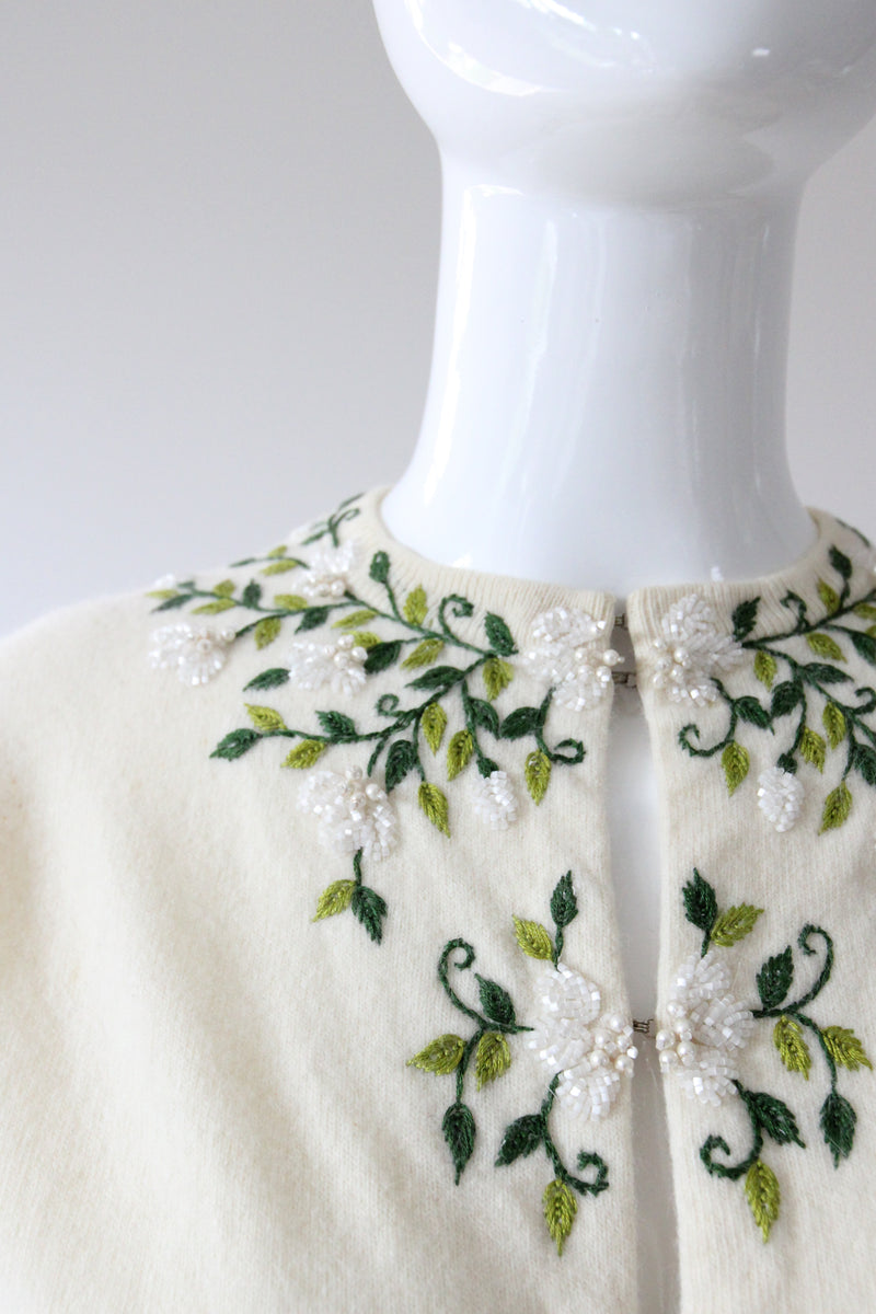 "Trailing Iridescent Florals" Vintage 1950's Cream Wool Embroidered and Beaded Cardigan UK 10 US 6